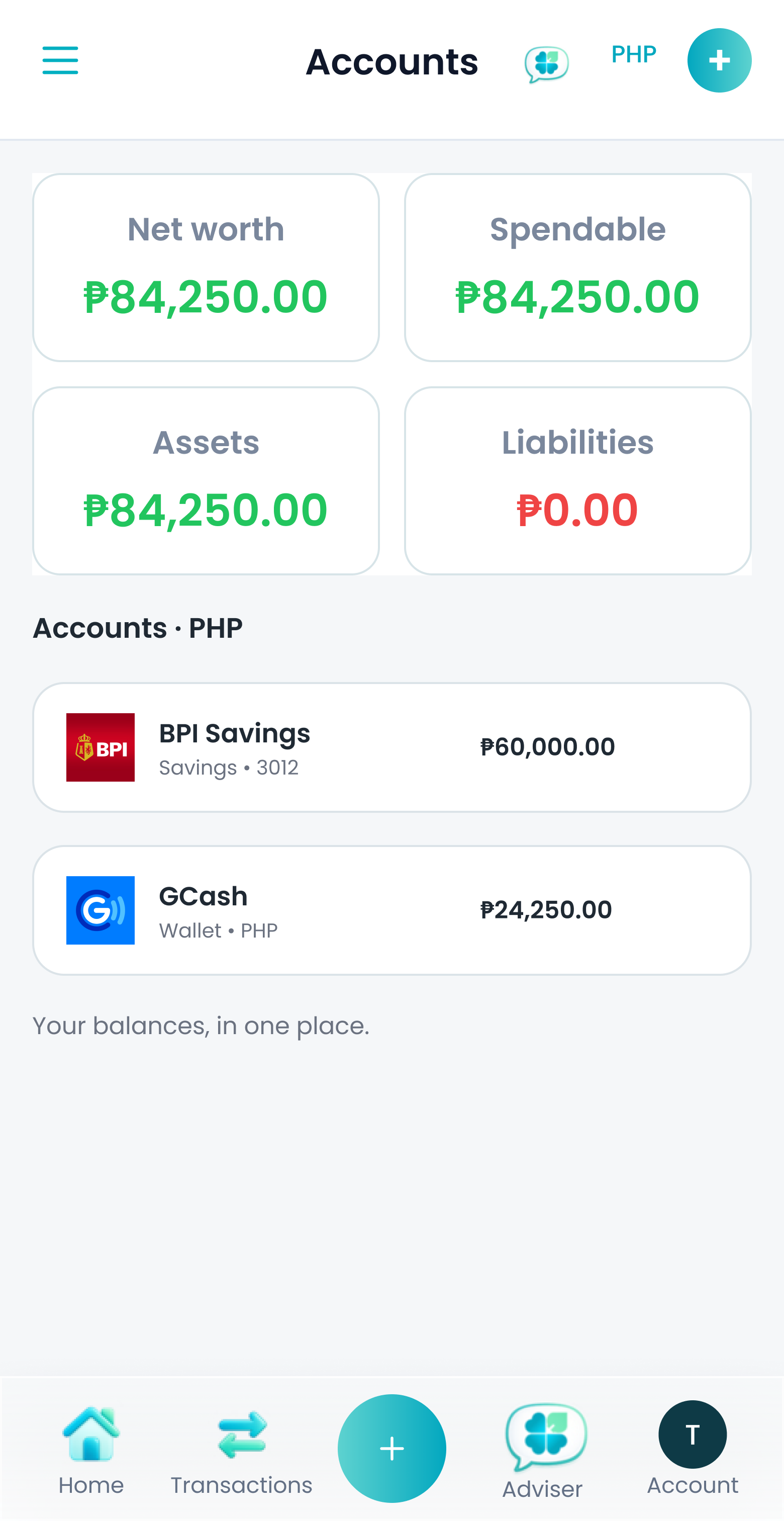 Clover mobile accounts screen with fictional sample data