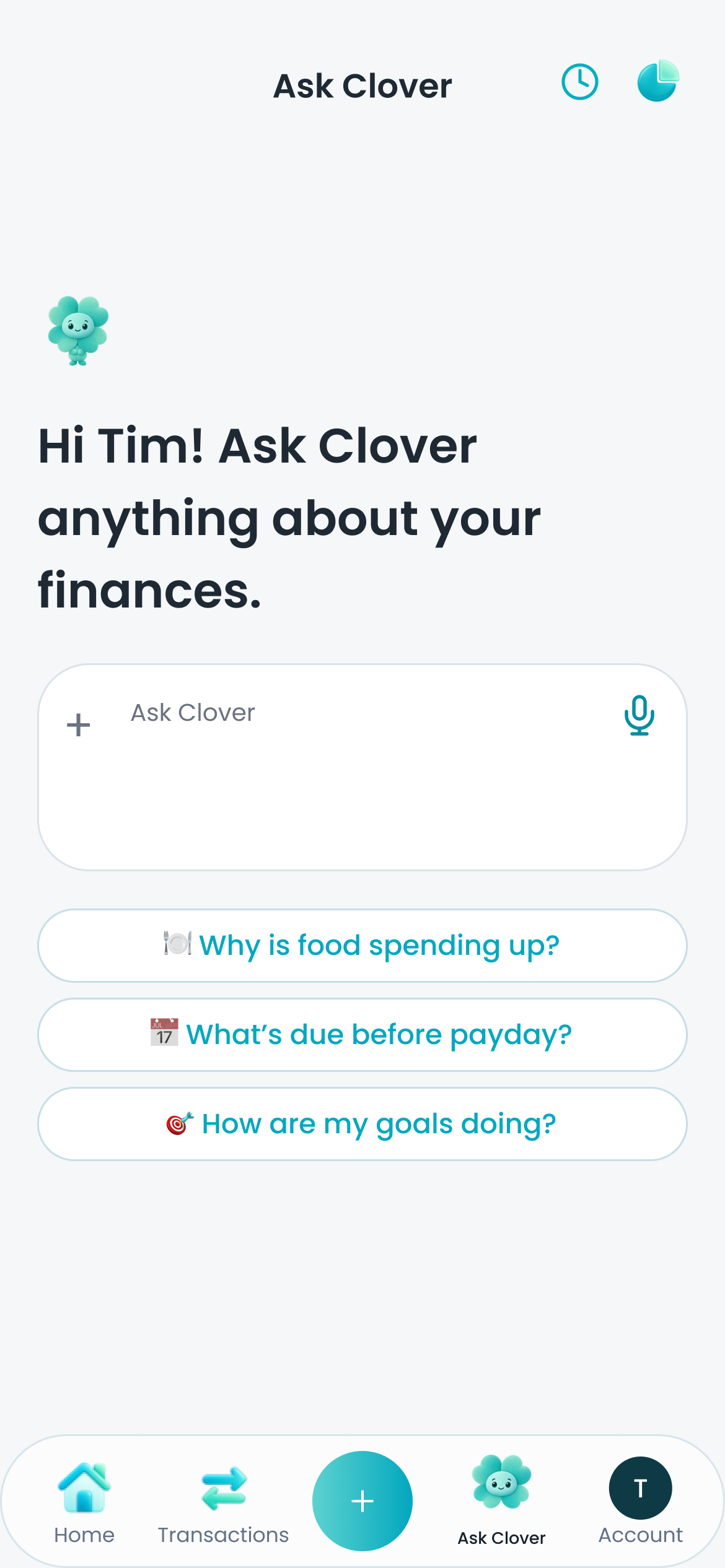 Clover mobile adviser screen with fictional sample data