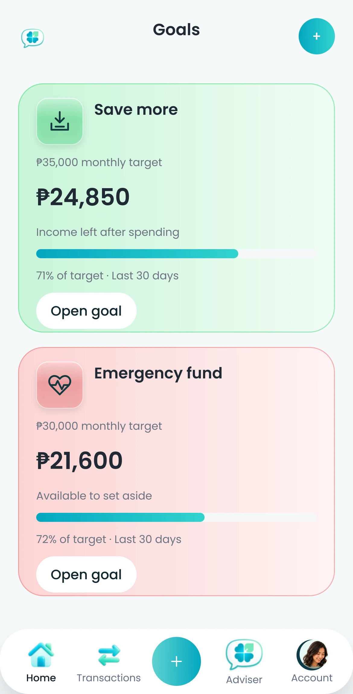 Clover mobile investments screen with fictional sample data
