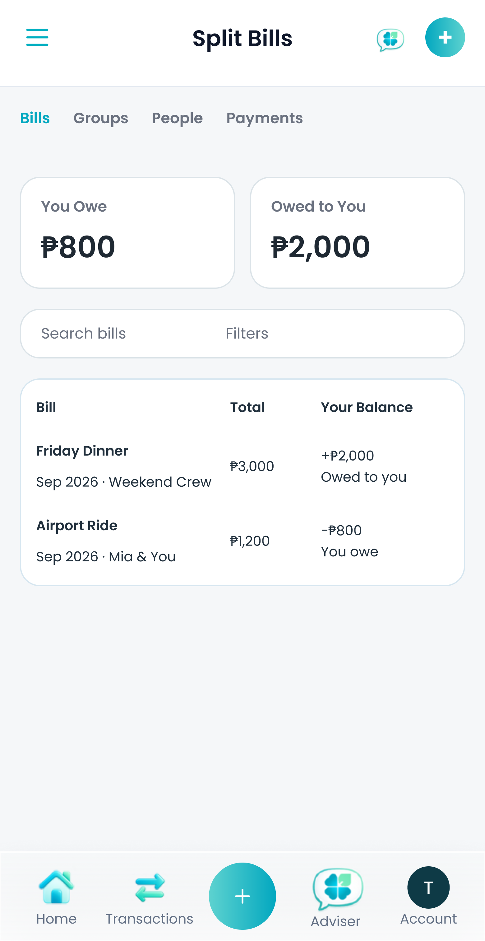 Clover mobile split screen with fictional sample data